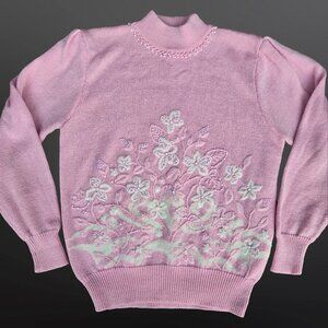 Vintage 90s Pink Beaded Floral Sweater Womens Size M Fairy Coquette Balletcore